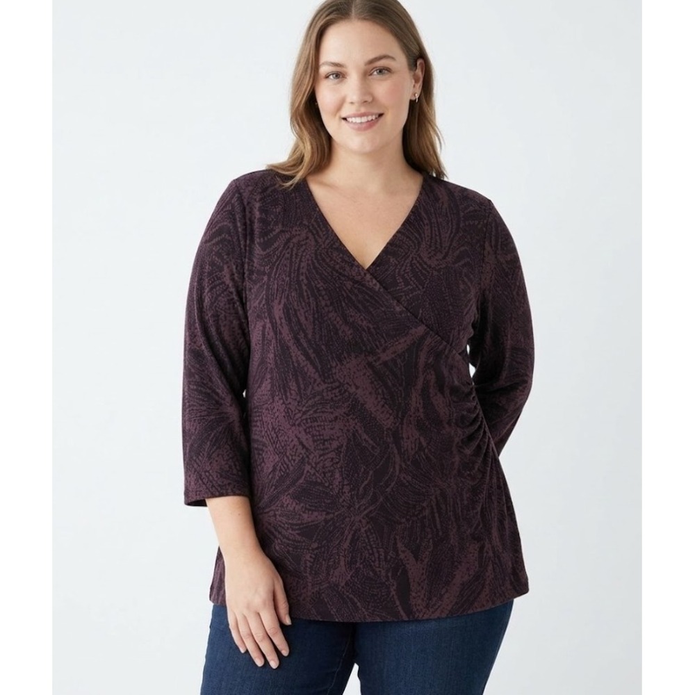 Kiara size 2X Purple Black Abstract Artsy Faux Wrap 3/4 Sleeve Slinky Knit Top